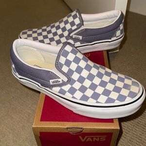 Smokey blue and white checkered vans